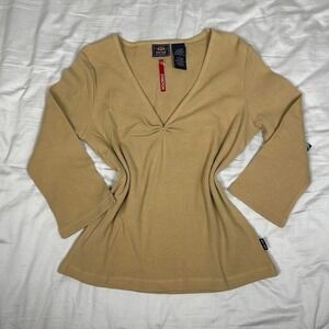 NWT y2k Route 66 tan 3/4 sleeve waffle knit top